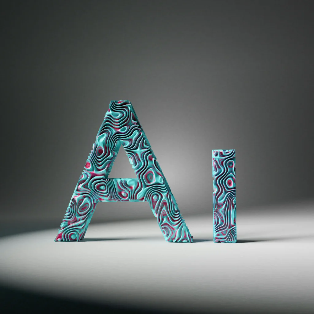 Logo illustration of th word AI in forefront of the gray-whitish background showcasing adaptation of AI in learning modern digital skills