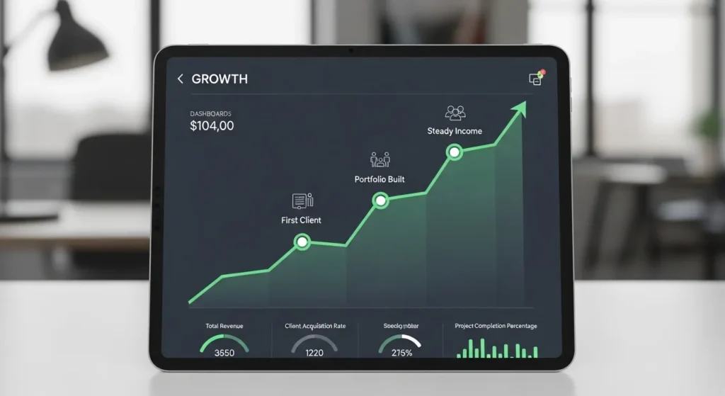 The 15 Most Profitable Skills To Learn To Make Money in 2025 (and How to Start) 4 A digital dashboard on a tablet showing a progress graph with milestones, representing the growth from learning skills to earning income.