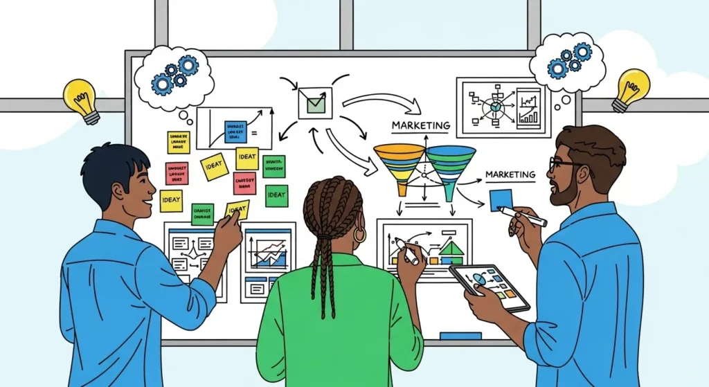 The 15 Most Profitable Skills To Learn To Make Money in 2025 (and How to Start) 3 Illustration of a diverse team brainstorming with diagrams and sticky notes, showing the value of creative and strategic business skills.