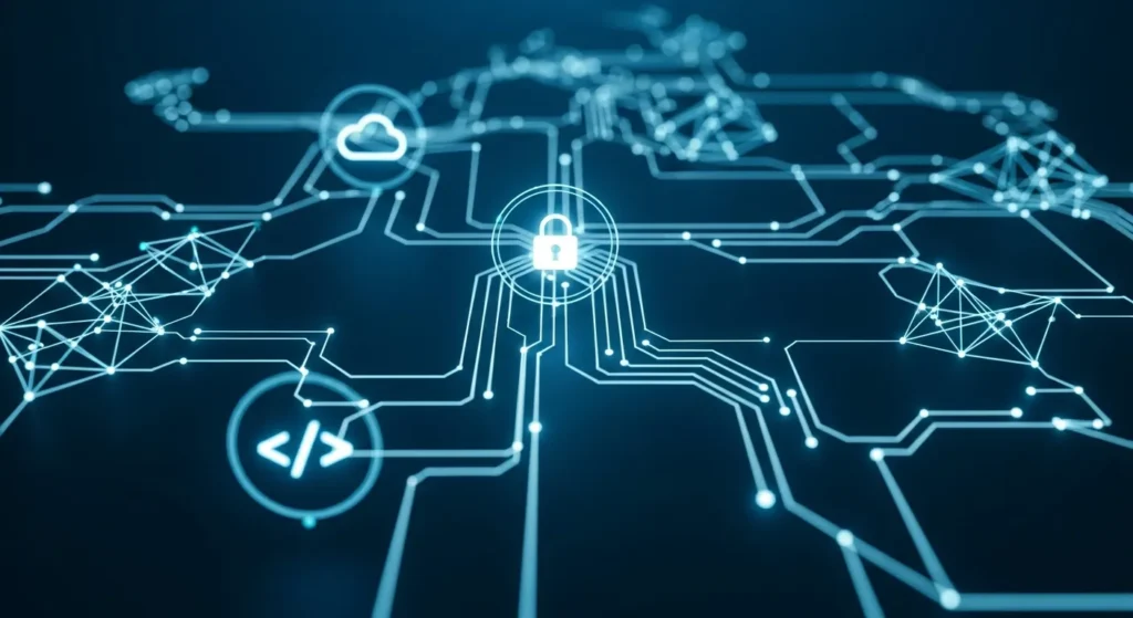 The 15 Most Profitable Skills To Learn To Make Money in 2025 (and How to Start) 2 Abstract design with glowing digital lines and circuits representing in-demand tech skills like cloud computing, AI, and cybersecurity.