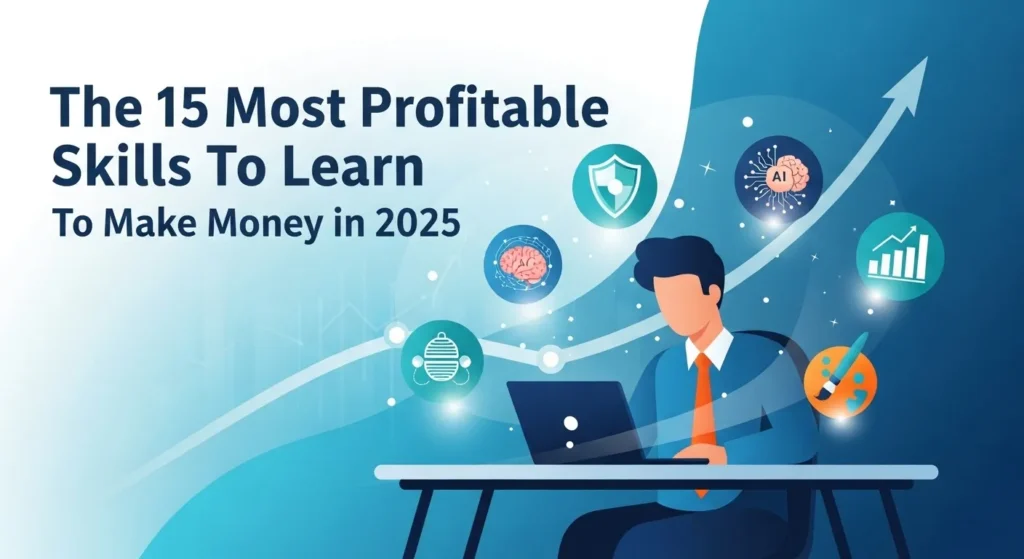 The 15 Most Profitable Skills To Learn To Make Money in 2025 (and How to Start) 1 Illustration of a professional at a desk, surrounded by icons for profitable skills to learn to make money in 2025, like AI and marketing.
