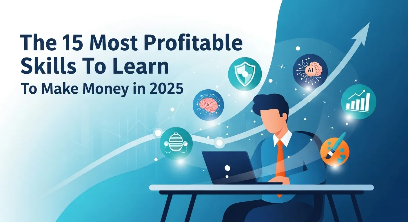 Illustration of a professional at a desk, surrounded by icons for profitable skills to learn to make money in 2025, like AI and marketing.