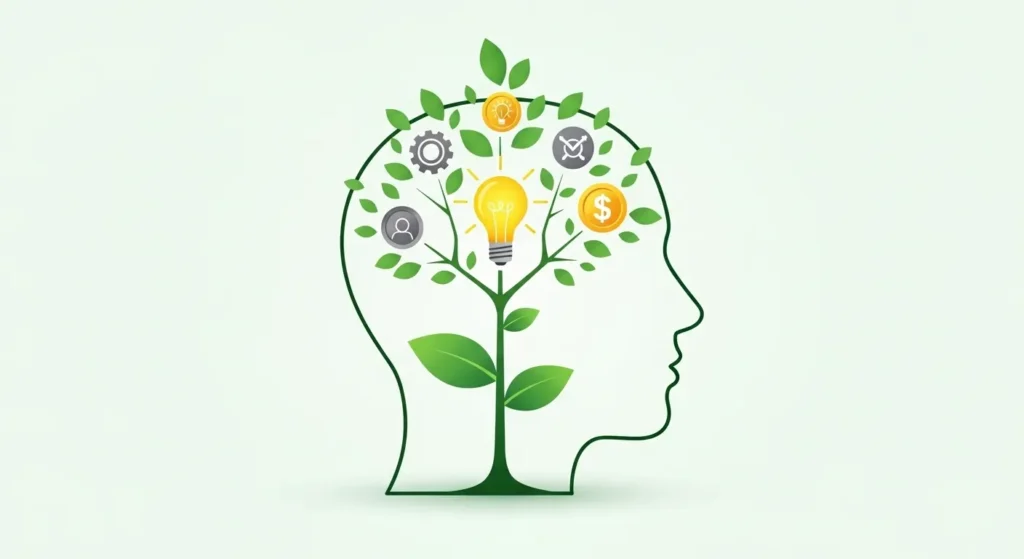 The 15 Most Profitable Skills To Learn To Make Money in 2025 (and How to Start) 1 A minimalist vector illustration of a skill tree with various icons growing from a person's mind, symbolizing personal and professional growth.