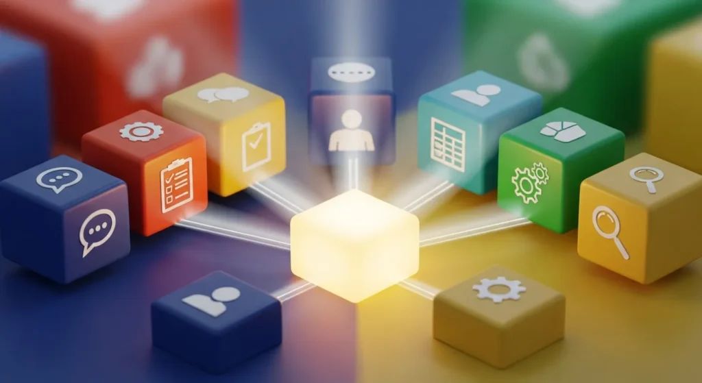 Colorful blocks with business icons are connected by a central glowing block, symbolizing a perfectly integrated no-code tech stack.