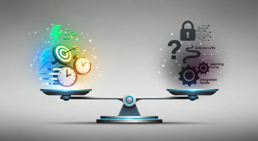 Futuristic balance scale weighing AI workflow benefits (speed, accuracy) against challenges (security, learning curve, integration).