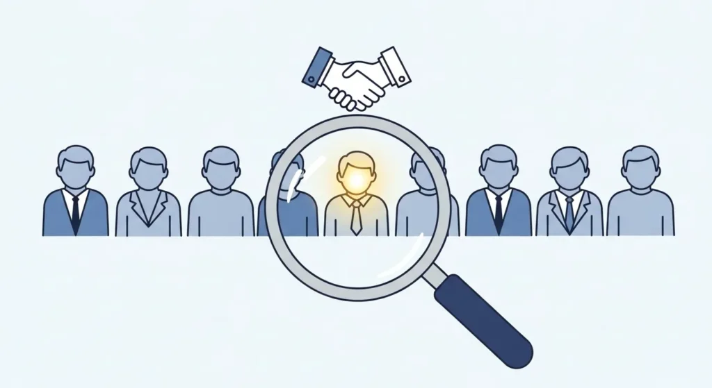 A magnifying glass focuses on the ideal candidate out of a lineup, representing the process of hiring a freelance automation consultant.