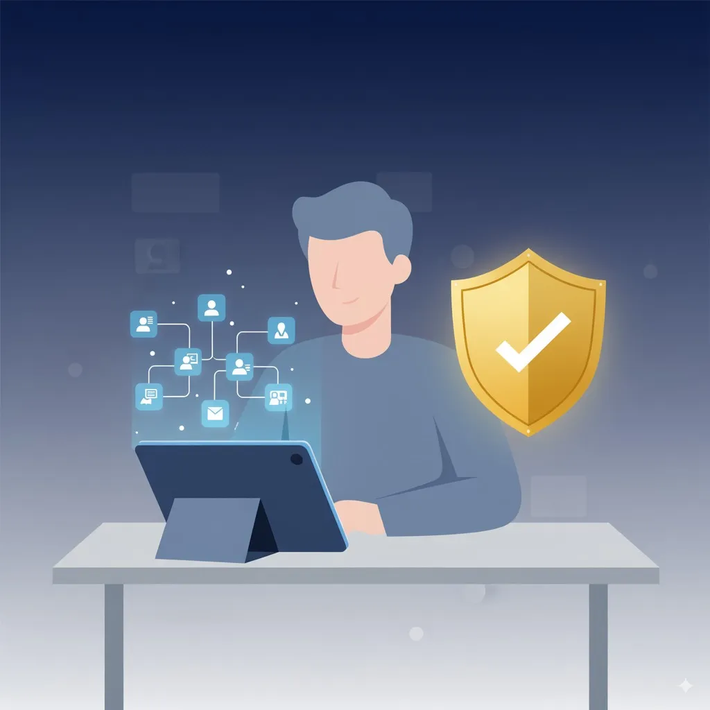 An illustration of an expert strategist planning a workflow, with a golden shield icon nearby representing Zapier certification and trust.