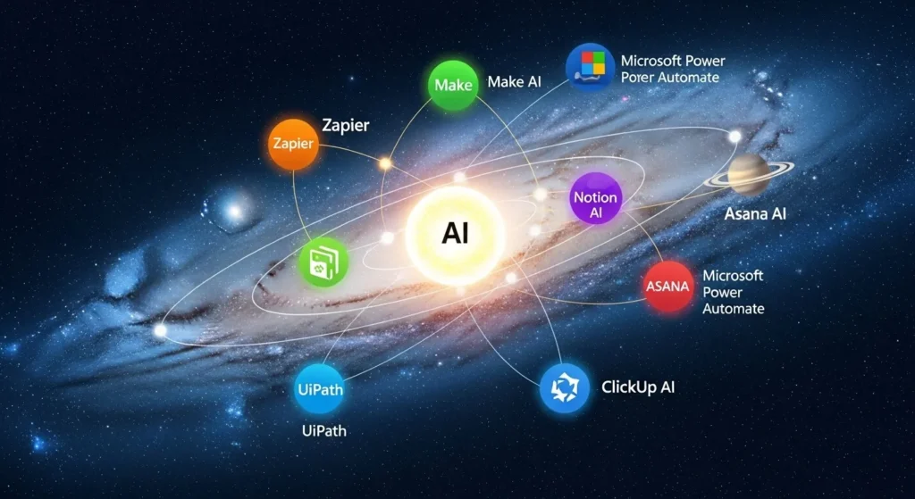Glowing constellation of AI tools like Zapier, Notion, and UiPath orbiting around a central AI hub like planets in a galaxy.