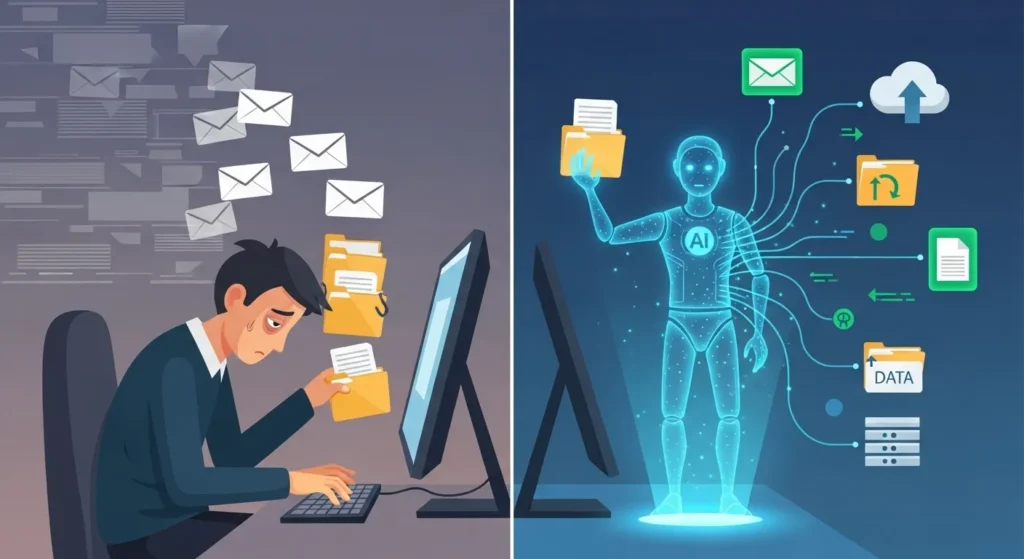Side-by-side of manual vs AI workflow: worker struggling vs AI hologram automating emails, files, and reports instantly.