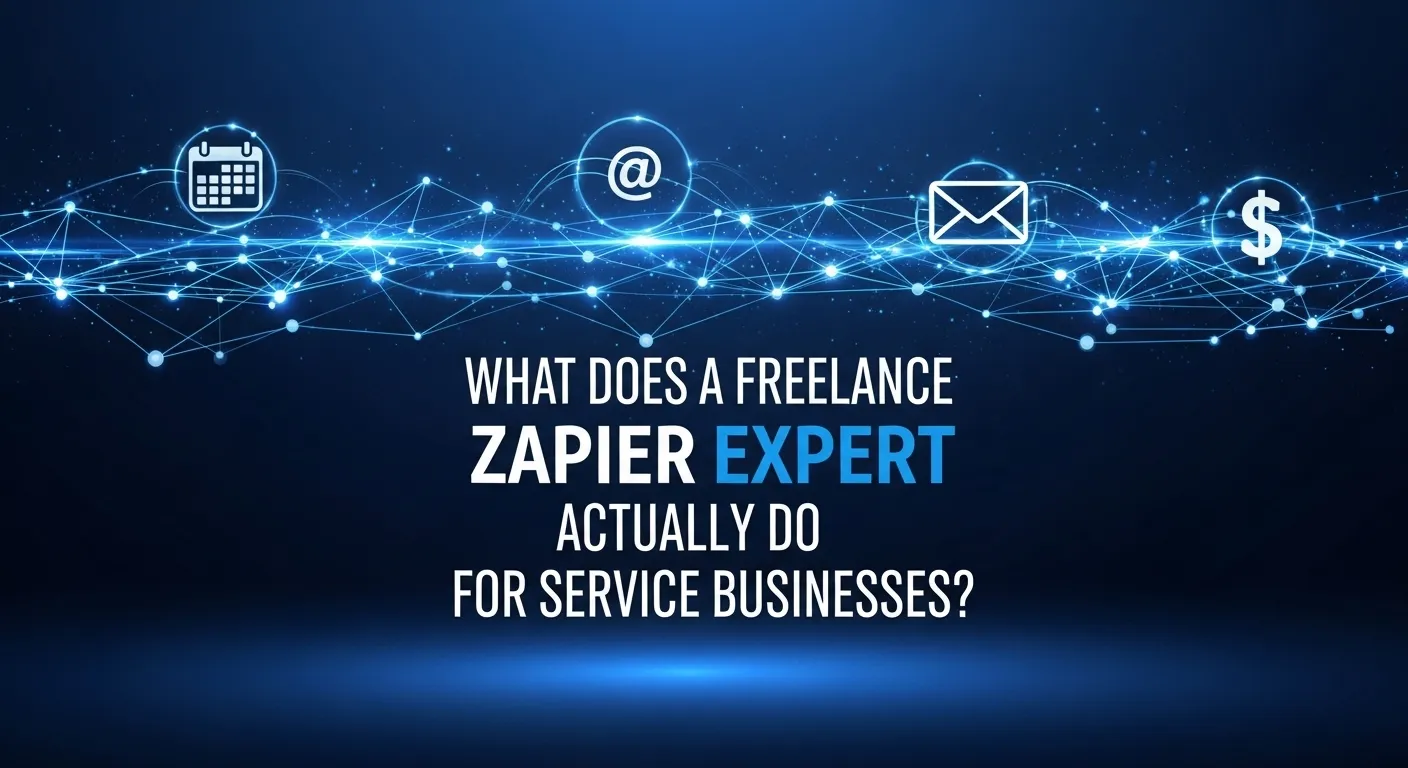 Digital art showing connected app icons. Text reads: "What Does a Freelance Zapier Expert Actually Do for Service Businesses?"